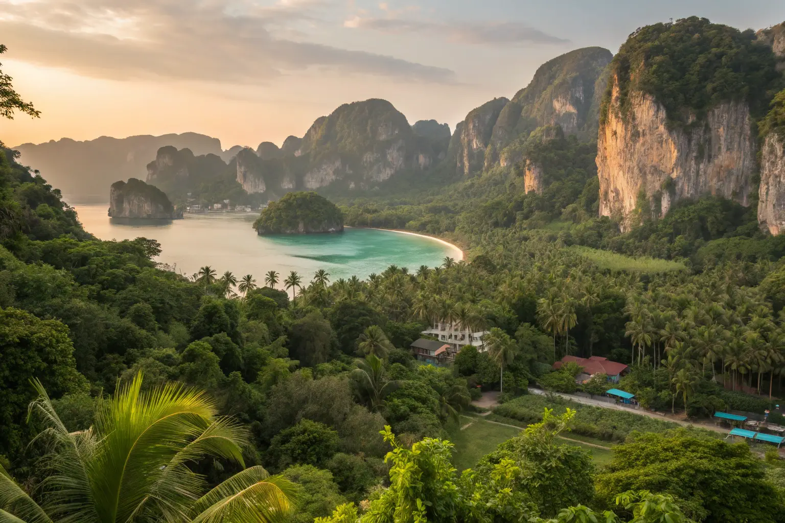 Lush tropical Thai landscape with limestone mountains and turquoise water