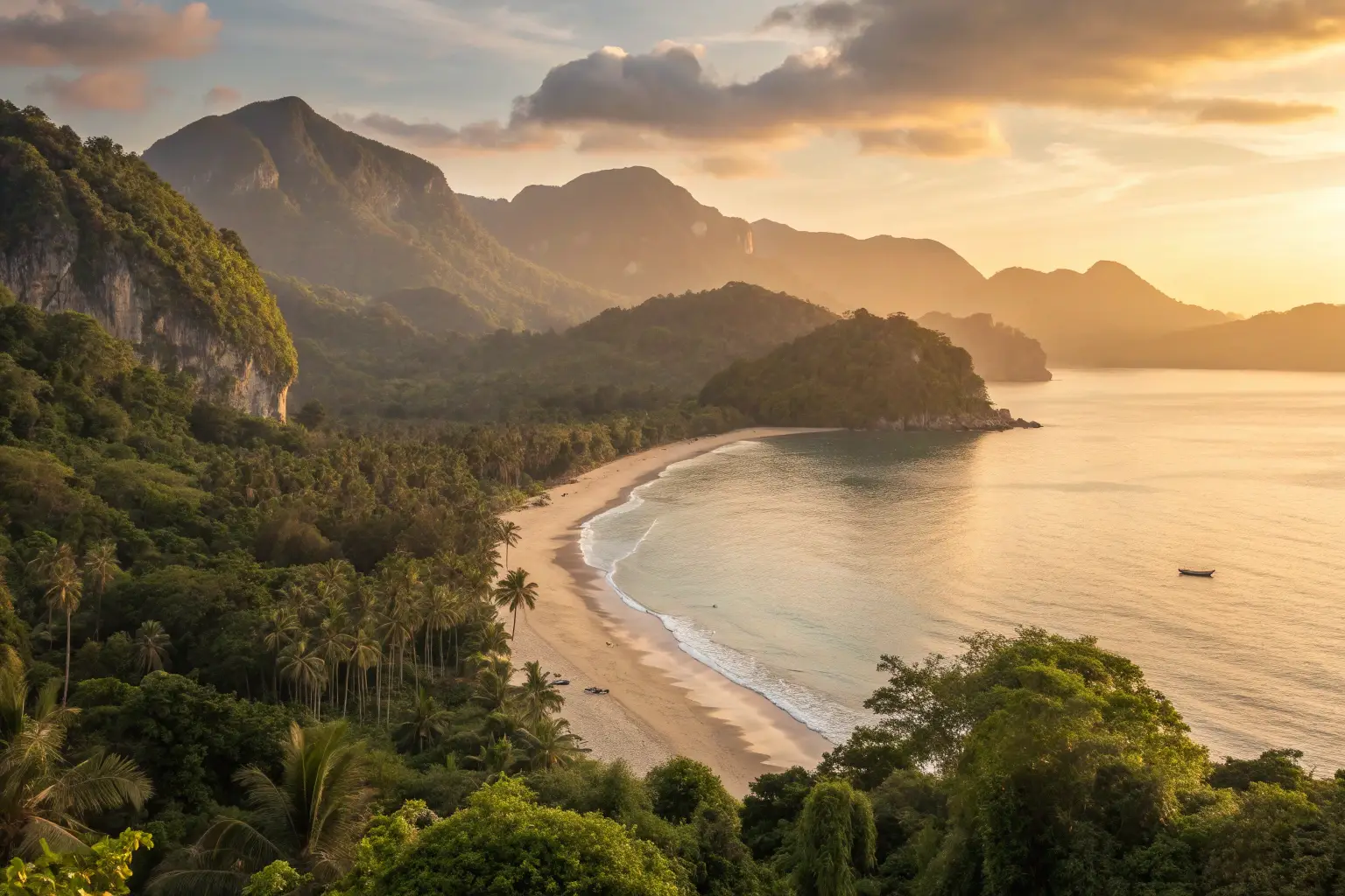 Beautiful tropical beach at sunrise with calm ocean water and green mountains