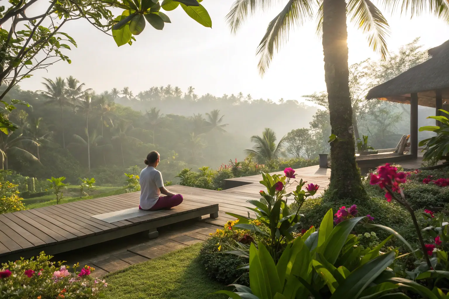 Peaceful outdoor meditation session in a tropical garden wellness retreat