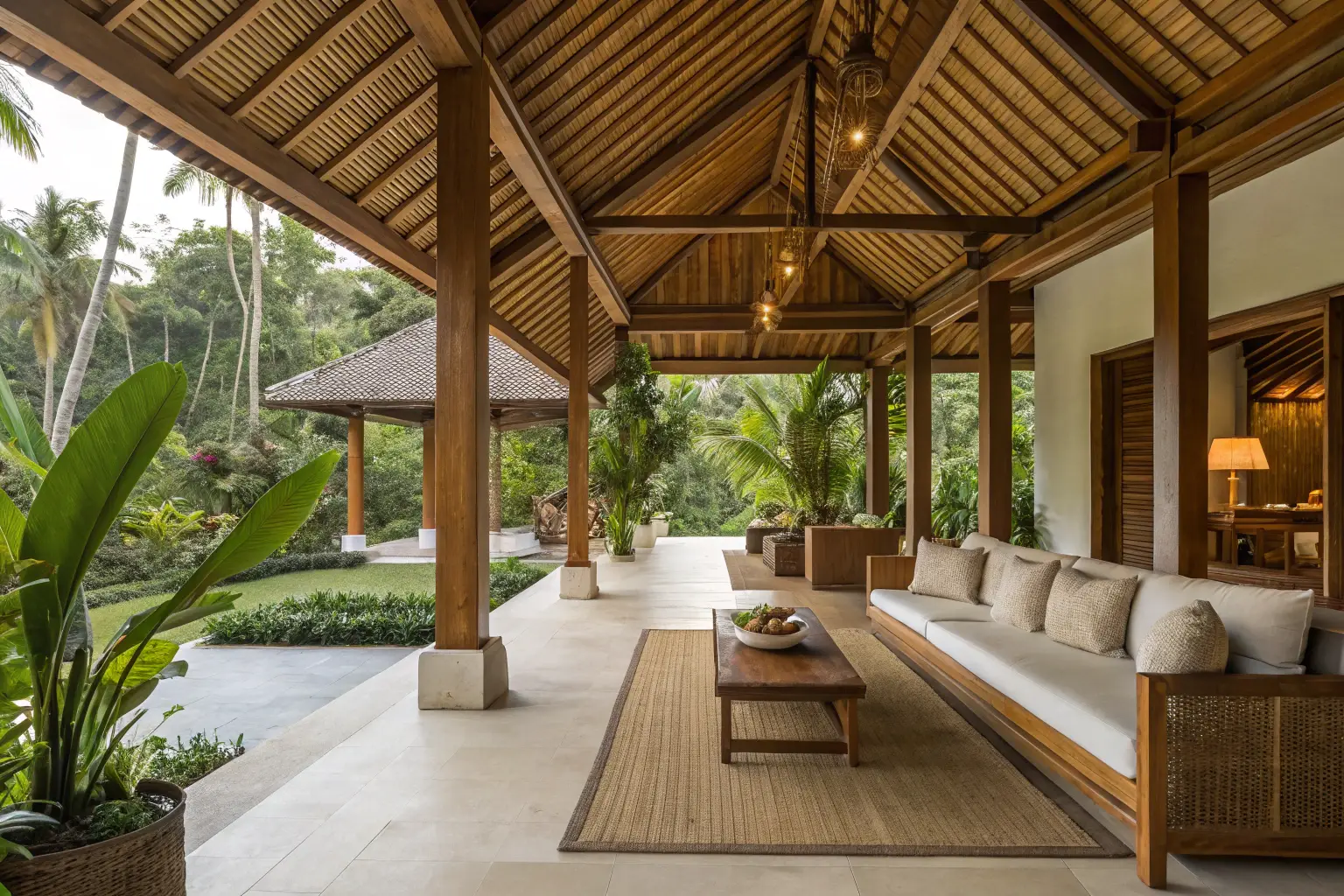 Elegant tropical wellness retreat interior with open-air living space