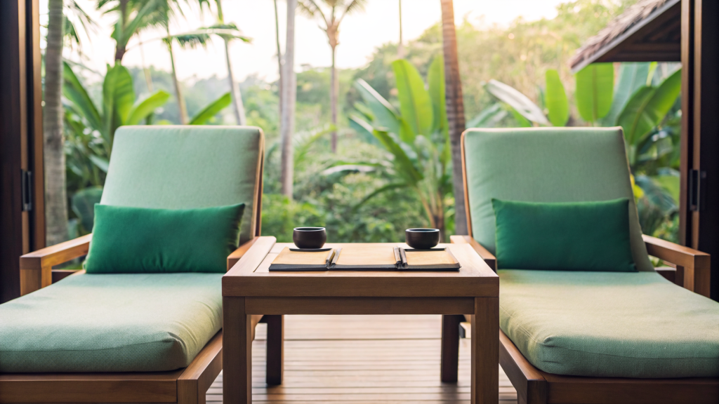 Two counselling chairs and notebooks on a Thai retreat terrace