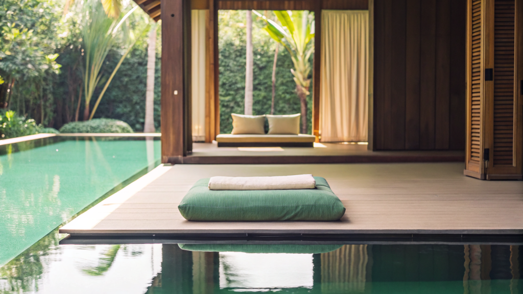 A quiet poolside meditation pavilion with a cushion in a tropical retreat