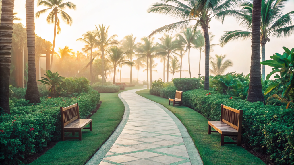 A winding garden path through palm trees at a peaceful Thai retreat