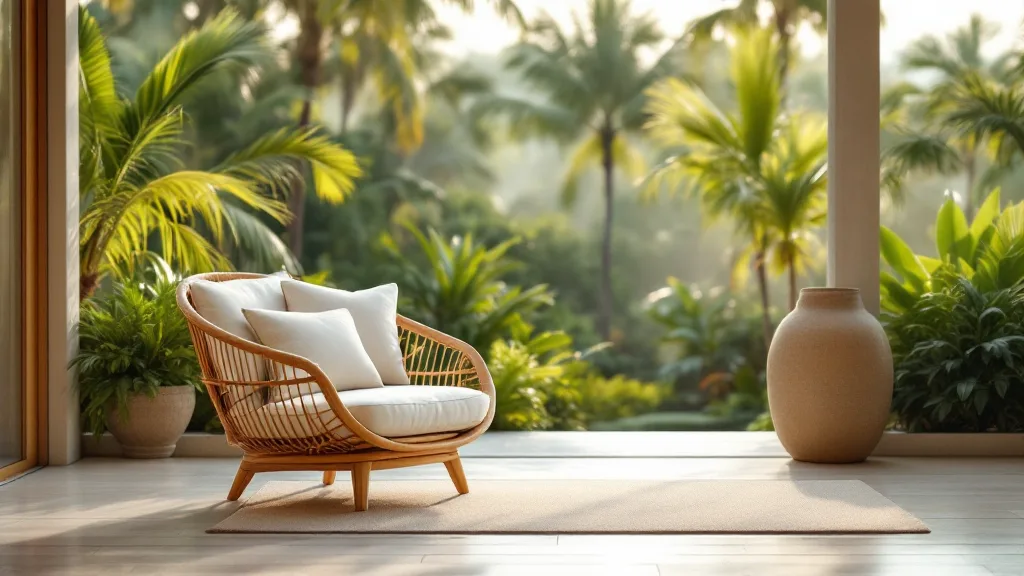 An empty lounge chair on a calm tropical retreat terrace overlooking a green garden at soft morning light