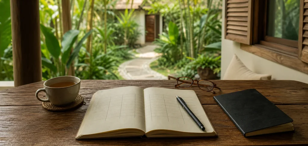 Open budget notebook on a quiet tropical retreat terrace in Thailand