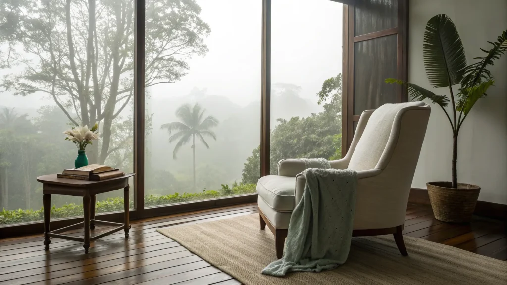 An empty cream armchair with a folded blanket beside a low table holding an open book and white flowers, facing a misty tropical view from a quiet room at a residential therapeutic retreat