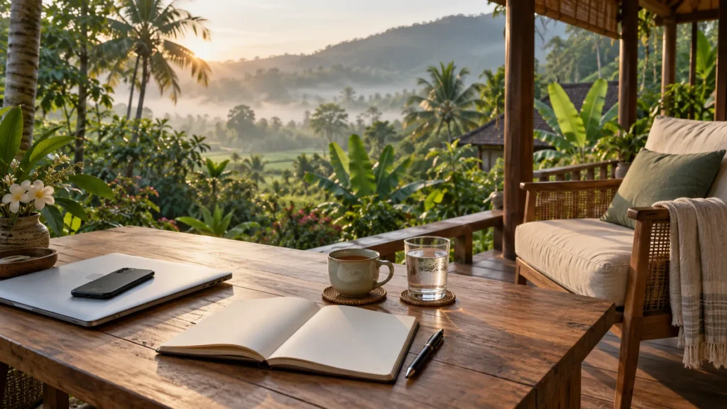 Closed laptop and phone set aside on a teak table on a quiet retreat veranda in rural Thailand, with a notebook, tea and a misty tropical garden beyond